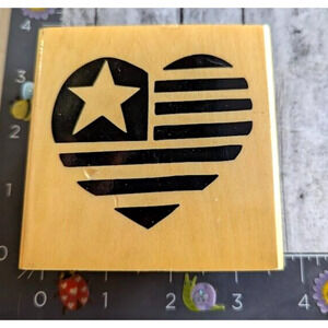Anita's Striped Heart Star Flag Patriotic Rubber Stamp Wood #B19